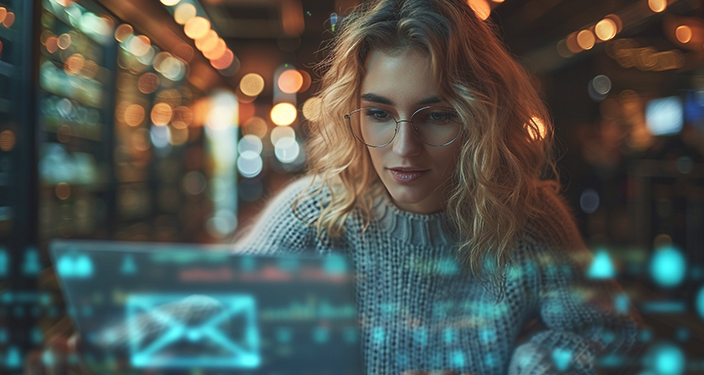 Programerka radi na laptopu, u prvom planu ikone automatizovanih procesa